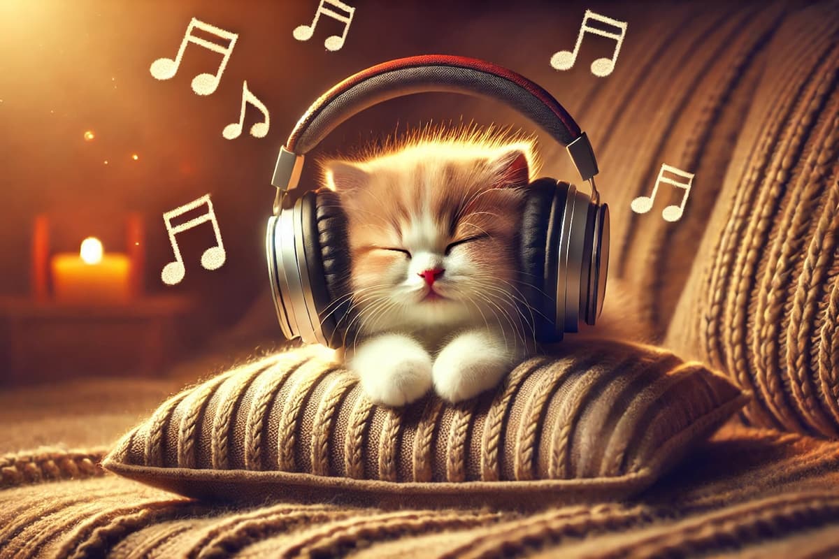 Adorable kitten sitting on a couch and listening to music through earphones.