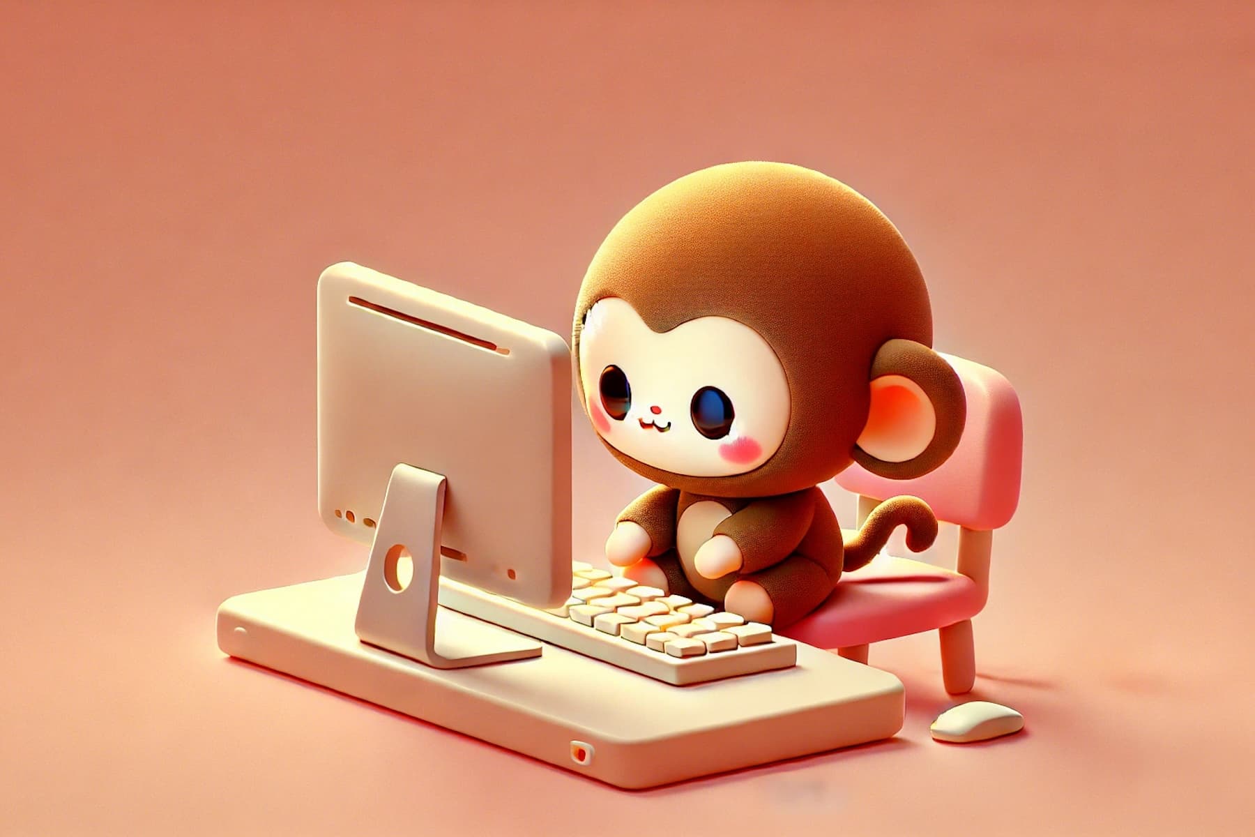 Cute cartoon monkey typing on a keyboard in front of a computer.